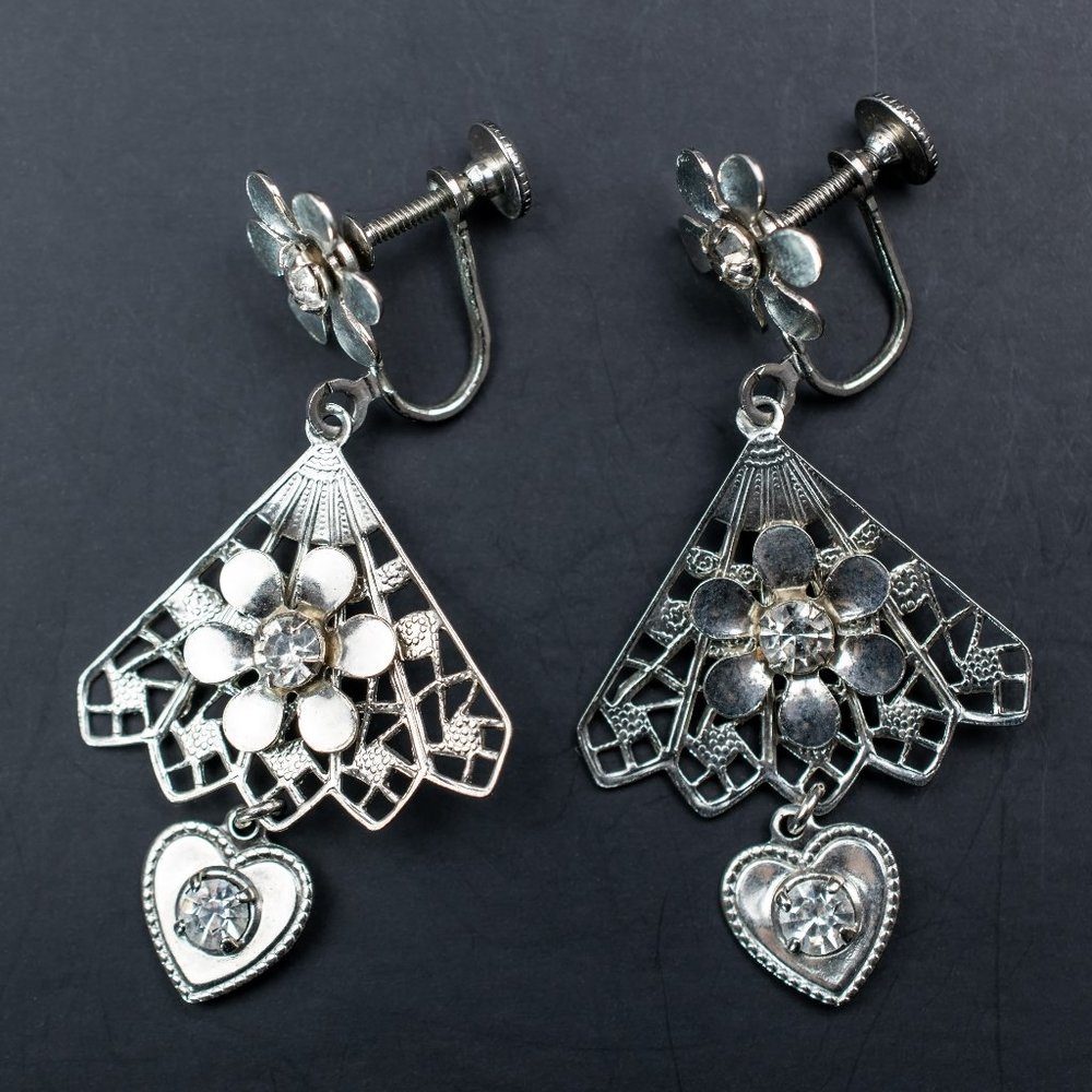 Statement fan dangle earrings silver, lightweight clip on earrings vintage